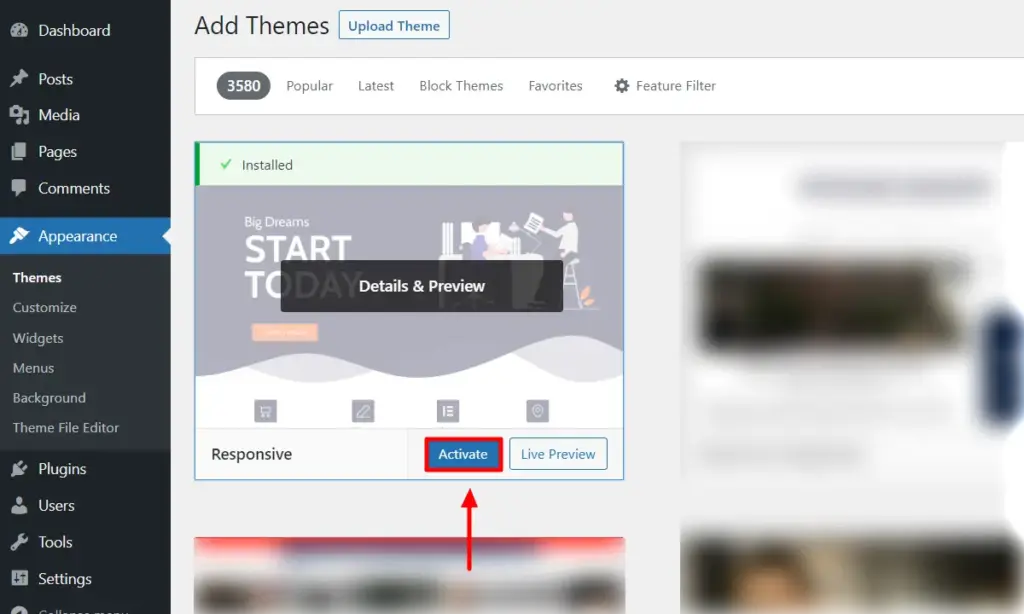 WordPress user interface displaying installed Responsive theme
