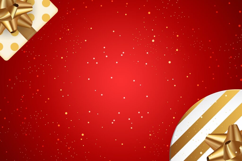 A bright Red background with gifts on each side