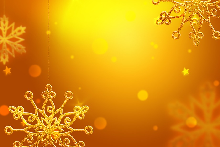 A bright yellow and gold background with golden snowflakes as Christmas tree ornaments