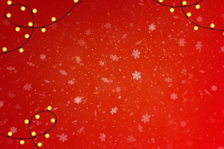 Red background with shower of little snowflakes and Christmas lights on the sides