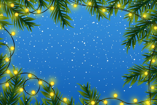 Blue Background with stars and snow with Christmas lights and trees around the frame