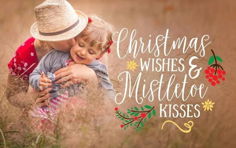 A woman hugging a child from behind in a weed field in feature image for Christmas photo card psd templates in holiday freebies blog