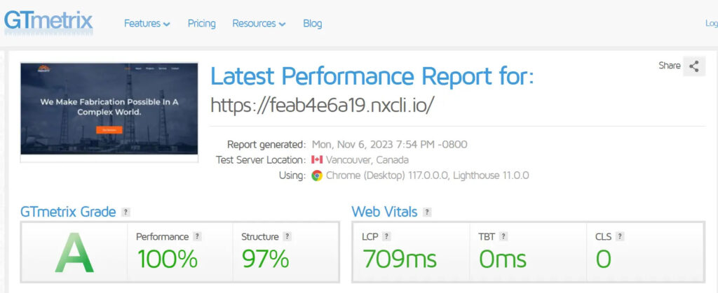 GT Metrix displaying performance score of industry template from cyber chimps