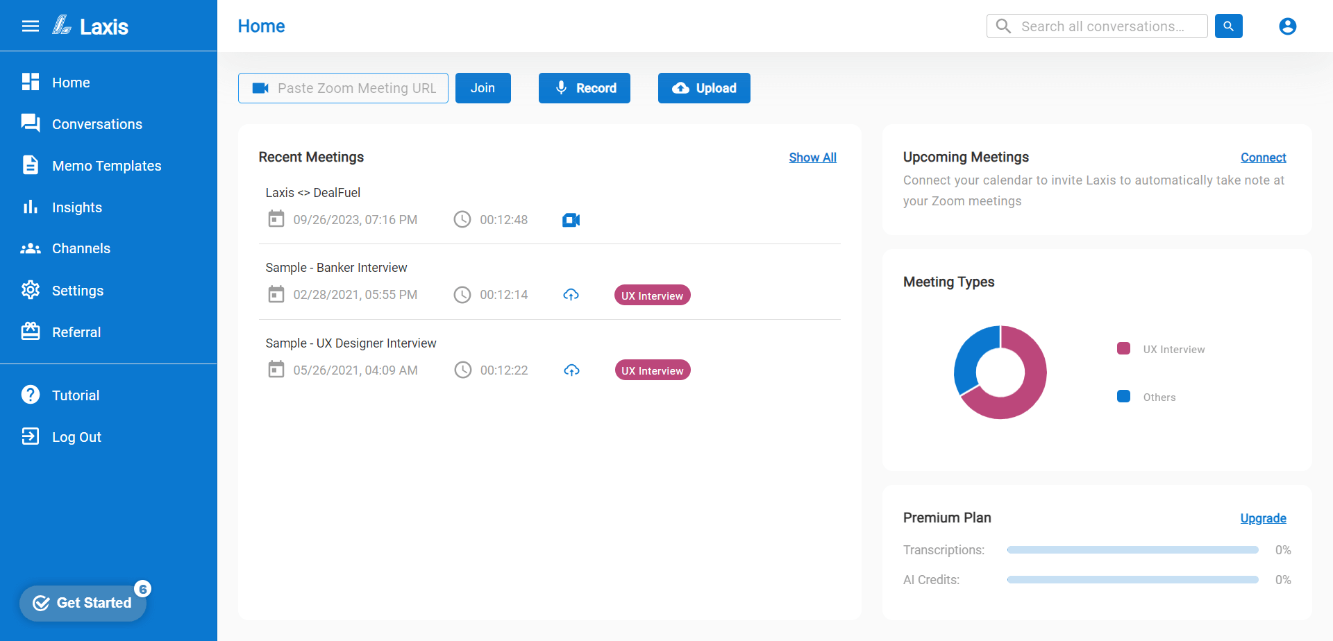 Laxis homepage user interface displaying recent meetings