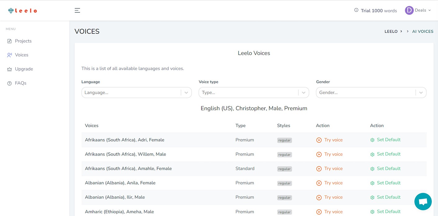 Voice options available with Leelo AI - TTS software