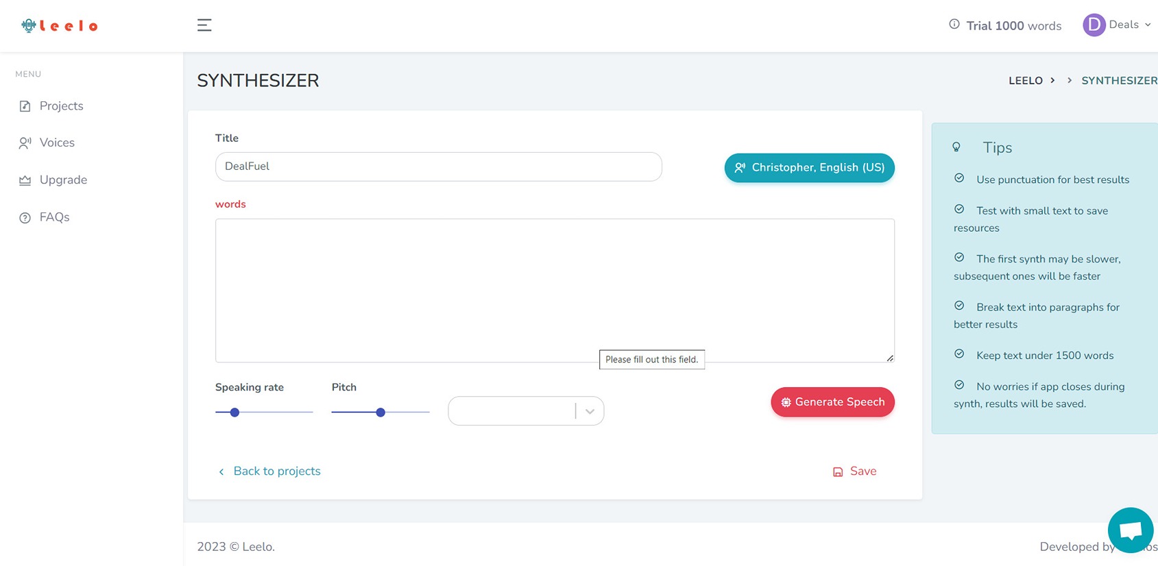 speech generation using AI In Leelo AI - Multilingual Text to Speech Software