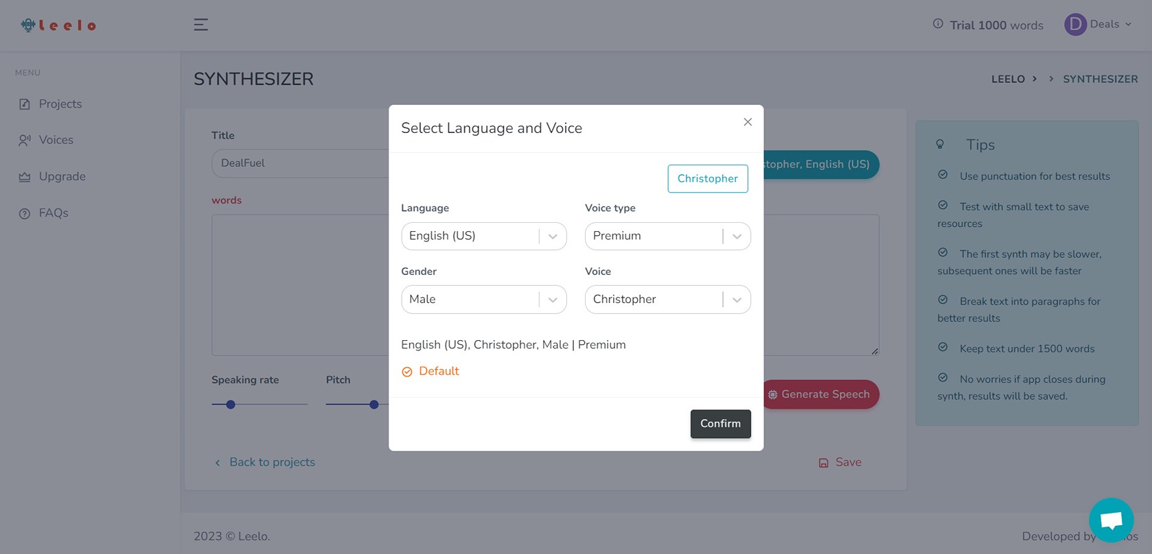 Multiple language and voice options in Leelo AI - AI Powered Text to Voice Generation