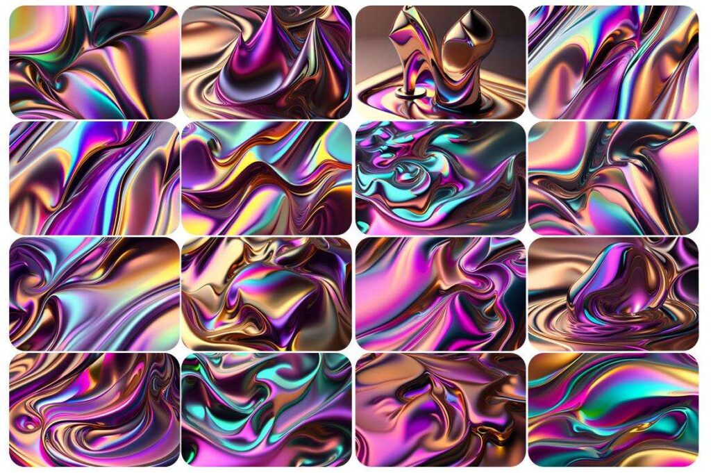 A collage of Liquid Metal Backgrounds from Liquid Metal Backgrounds Bundle feating pink and green colored liquid metal backgrounds with different patterns