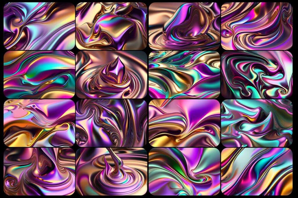 A collage of Liquid Metal Backgrounds from Liquid Metal Backgrounds Bundle feating pink and green colored liquid metal backgrounds with different patterns