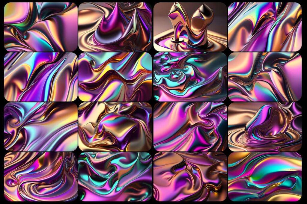 A collage of Liquid metal backgrounds from the Liquid Metal Backgrounds Bundle featuring pink green and purple colored liquid metal backgrounds