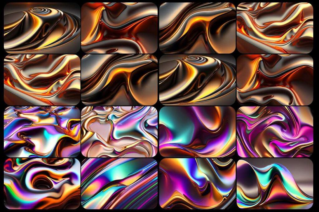 A collage of backgrounds from the Liquid Metal Backgrounds Bundle featuring golden and purple colored liquid metal backgrounds