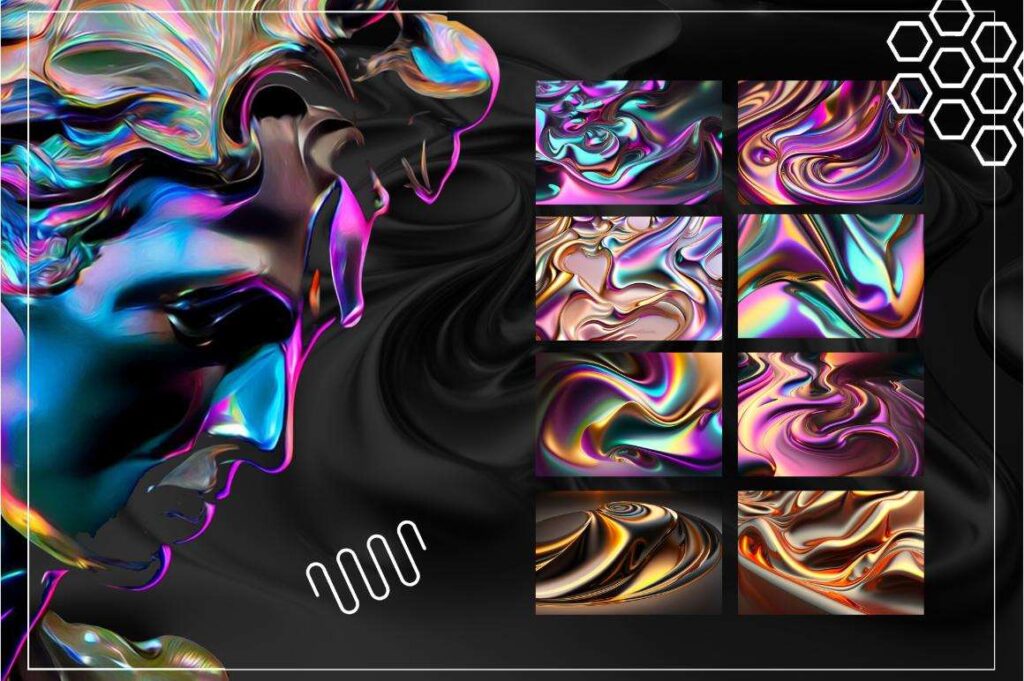 A collage of liquid metal Iridescent background from the A collage of Liquid Metal Backgrounds from Liquid Metal Backgrounds Bundle feating a sculpted face of a man with the same colors as the backgrounds