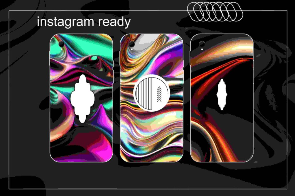Liquid metal Iridescent backgrounds from the Liquid metal backgrounds bundles applied on a mobile mockup