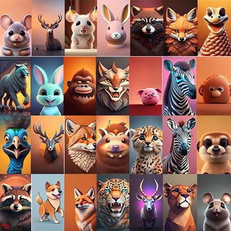 Collage of various animals like zebra, wild cat, racoon and more