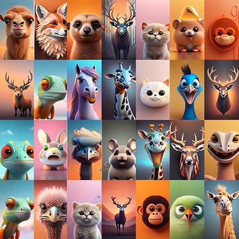 minimalist animal art and cartoon collage of animals like giraffe, ostrich, frog