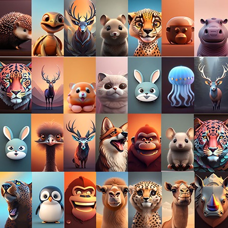 collage of animated animals like octopus, tiger, ape, penguin and more