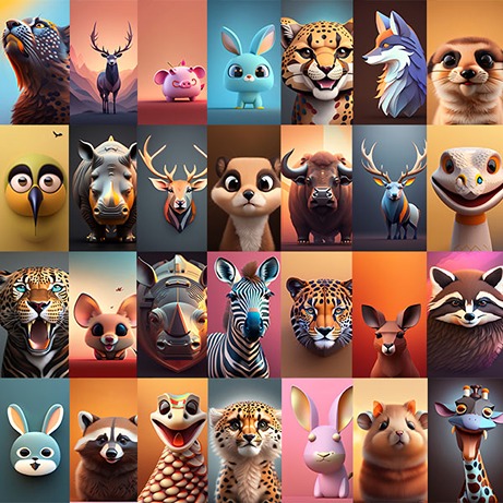 Collage of many minimalist animal art and cartoon images in jpeg format