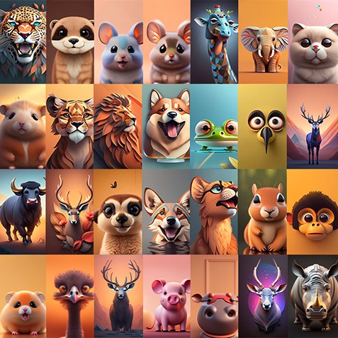 animal art collage of wild animals and domestic animals like monkey, pig, rhino