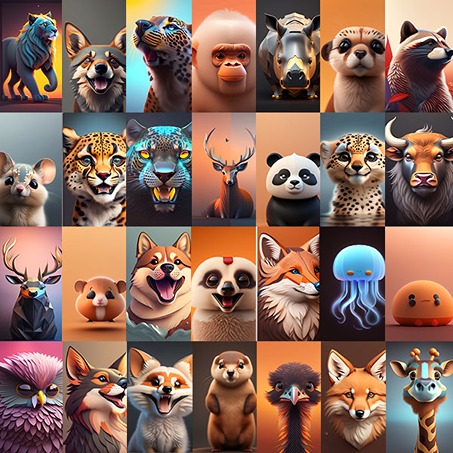 a collection of minimalist animal art and cartoon images like panda, owl, racoon, horse