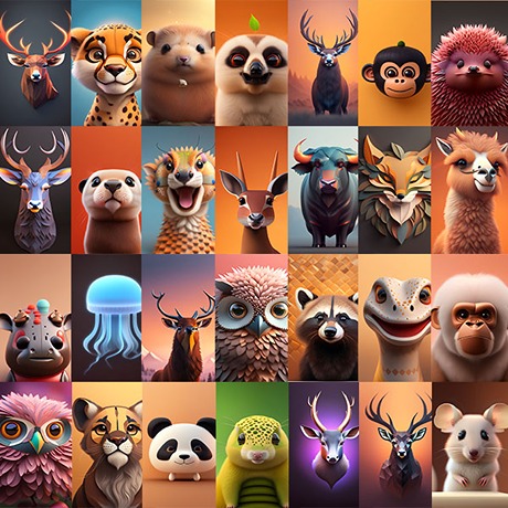 collage of animated cartoon animals like alpaca, raccoon, stag,tiger cub
