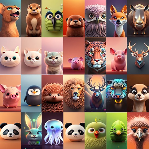 minimalist animal art and cartoon images of animals and birds like owl, panda,cat,lion