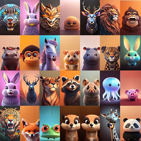 collage of many minimalist animal art and cartoon images like panda, racoon, lion and more