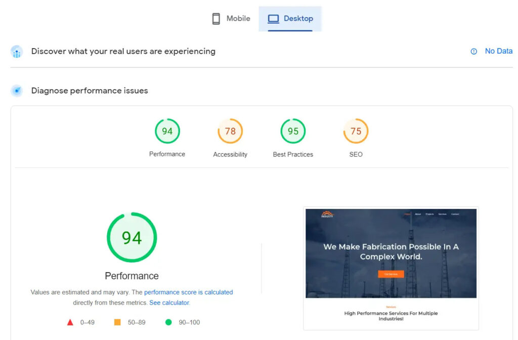 Google Page insights displaying performance of industry template from CyberChimps