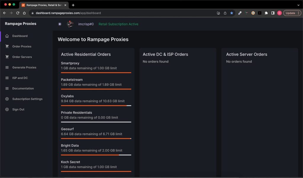 Rampage Retail - Upstream Proxy Provider Dashboard