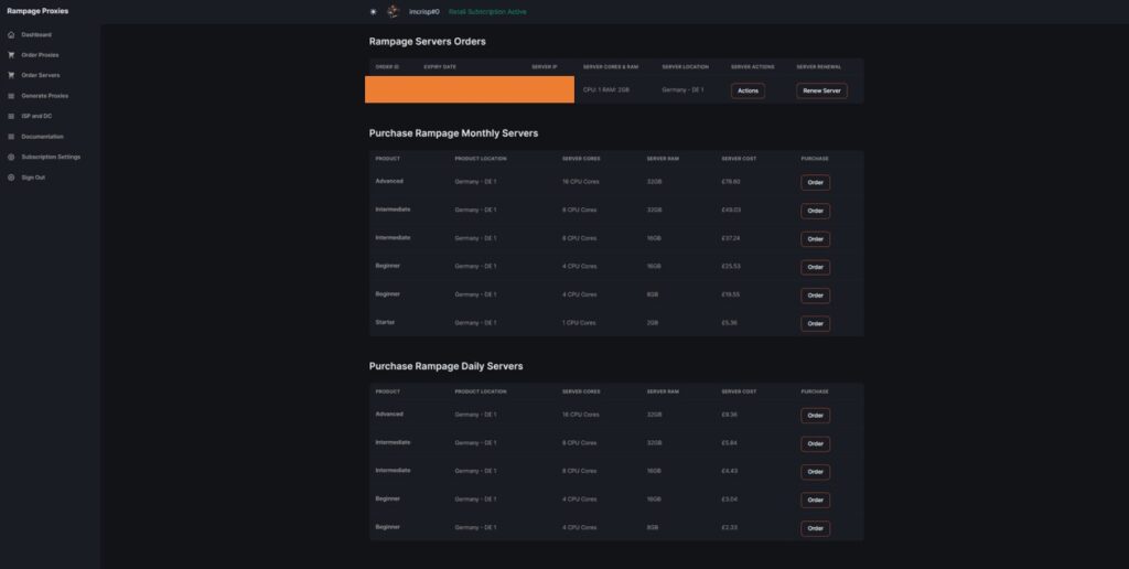 Rampage Server Orders