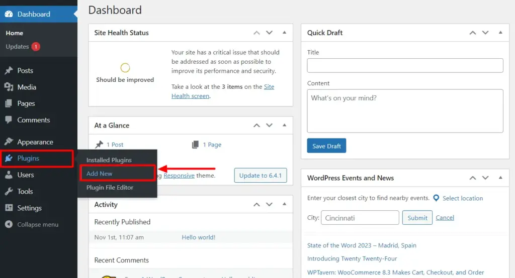 WordPress Navigation menu displaying Plugins option