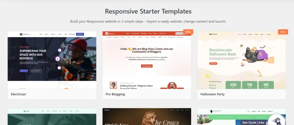 Responsive Starter Templates plugin displaying multiple starter templates including Electrician, Pro Blogging, Halloween Party and more.