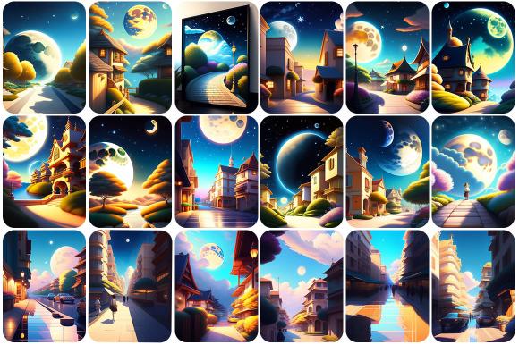A collage of scenery illustration from the Scenery Illustration Images Bundle featuring street view in night time