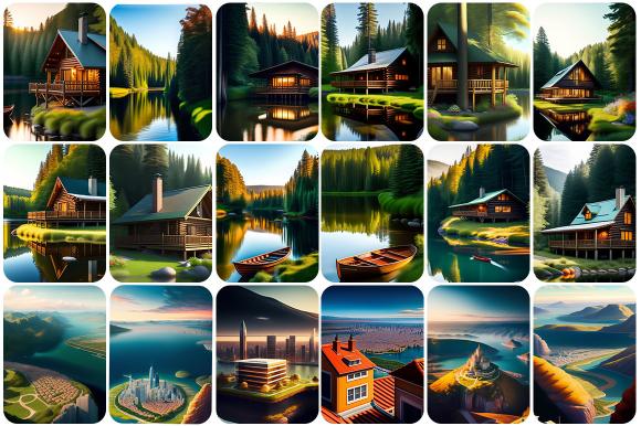 Collage of landscape illustrations from Scenery Illustration Images Bundle featuring a wooden lodge in a forest with a lake