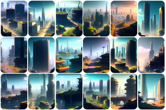 Collage of cityscapes from Scenery Illustration Images Bundle