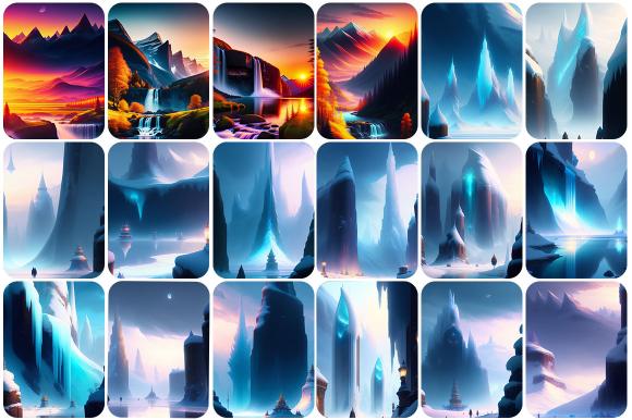 Collage of illustrations of icey mountain ranges from Scenery Illustration Images Bundle