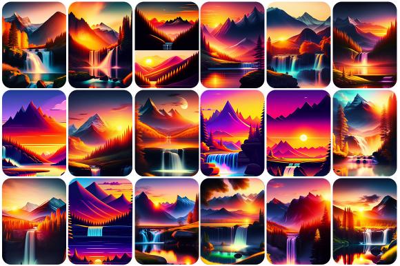 Collage of illustrations of mountain ranges with small waterfall from Scenery Illustration Image Bundle