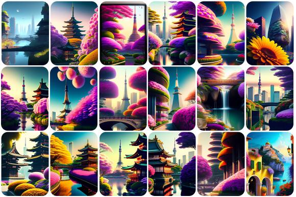 Collage of illustrations of japanese style cityscapes from Scenery Illustration Image Bundle