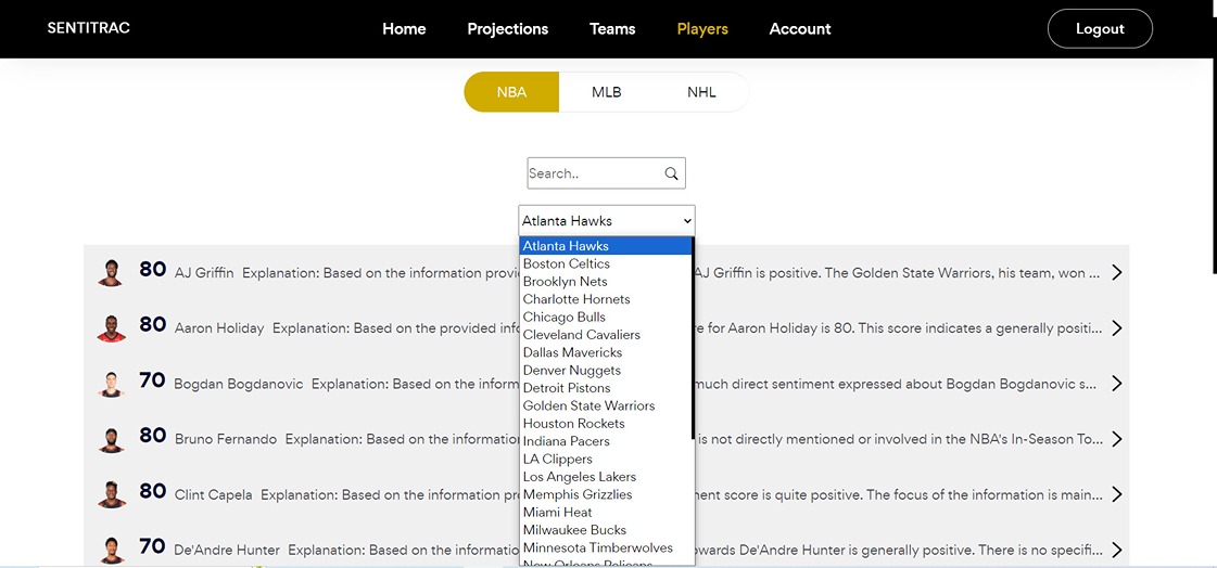 Sentitrac Players User Interface