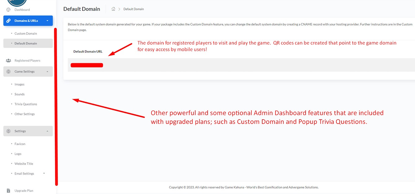 Admin dashboard featuring default domain of Suduku You