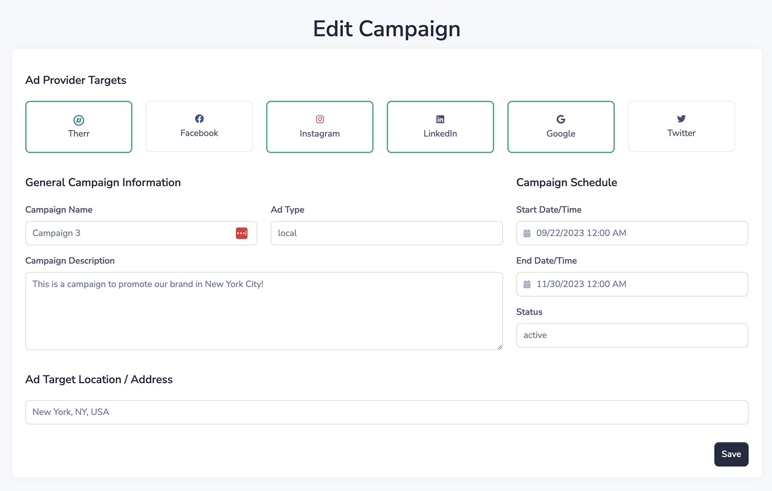 Edit campaign feature of therr ofr business - location marketing platform