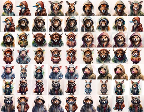 collage of animals wearing hoodies like pig, wild buffalo, cat, pigeon