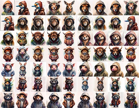 collage of animals wearing hoodies like pig, wild buffalo, cat, pigeon