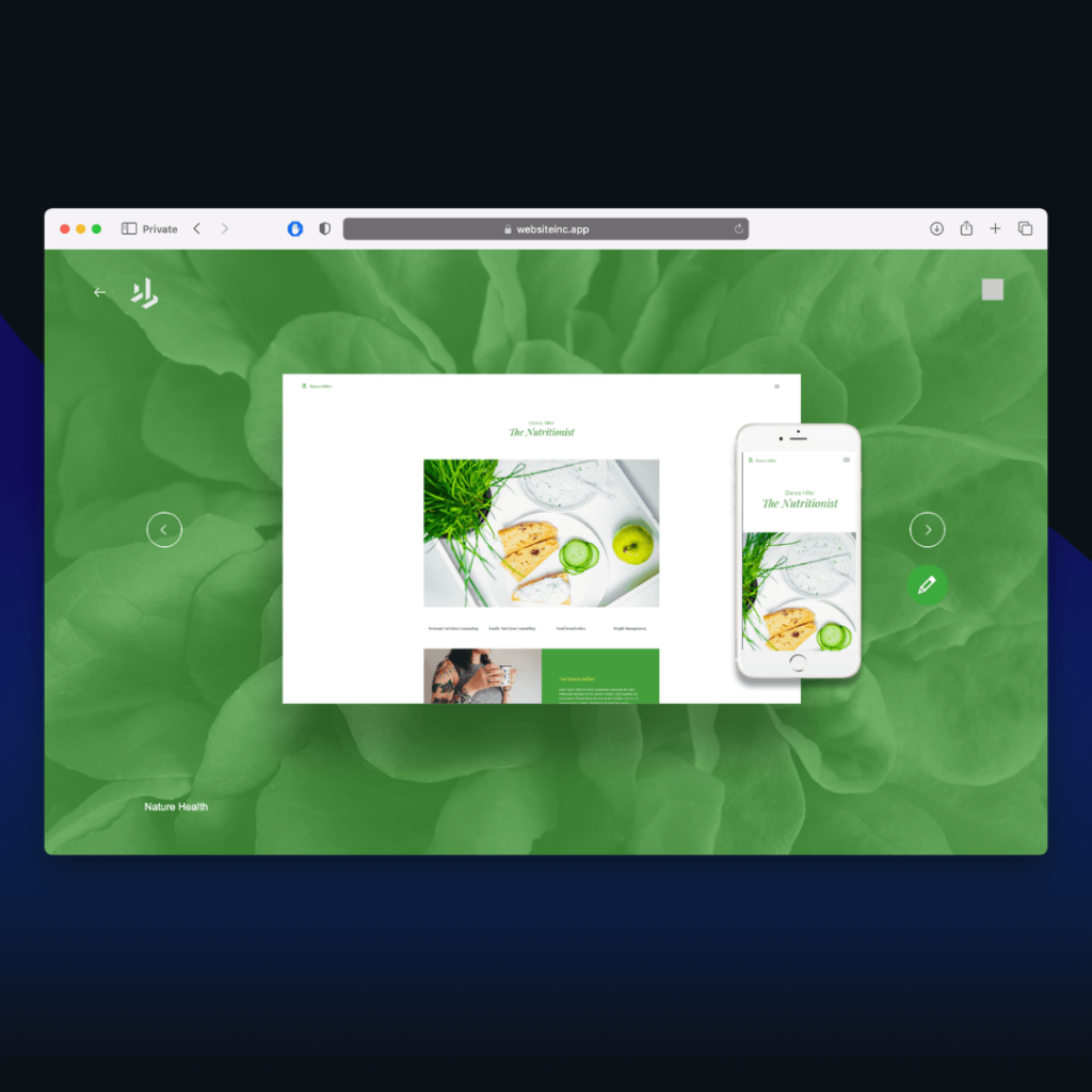 Nature health website template with green colored theme in Website.Inc AI