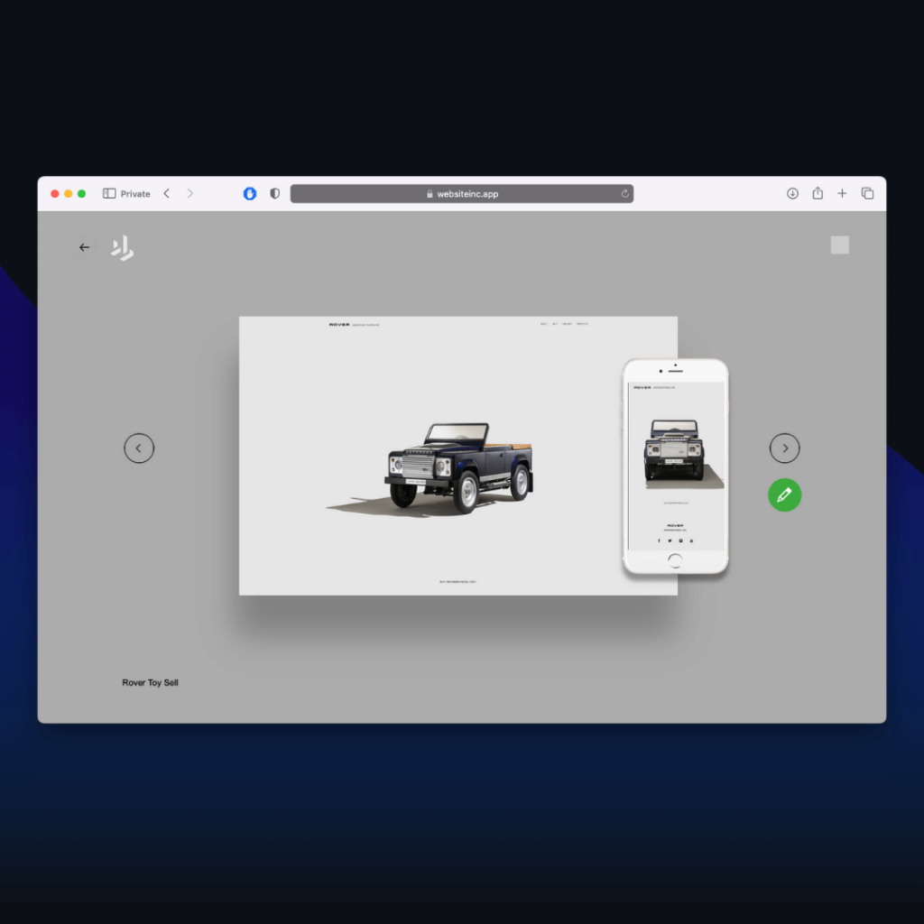 Website.Inc AI Rover toy sell website template displaying a black toy car