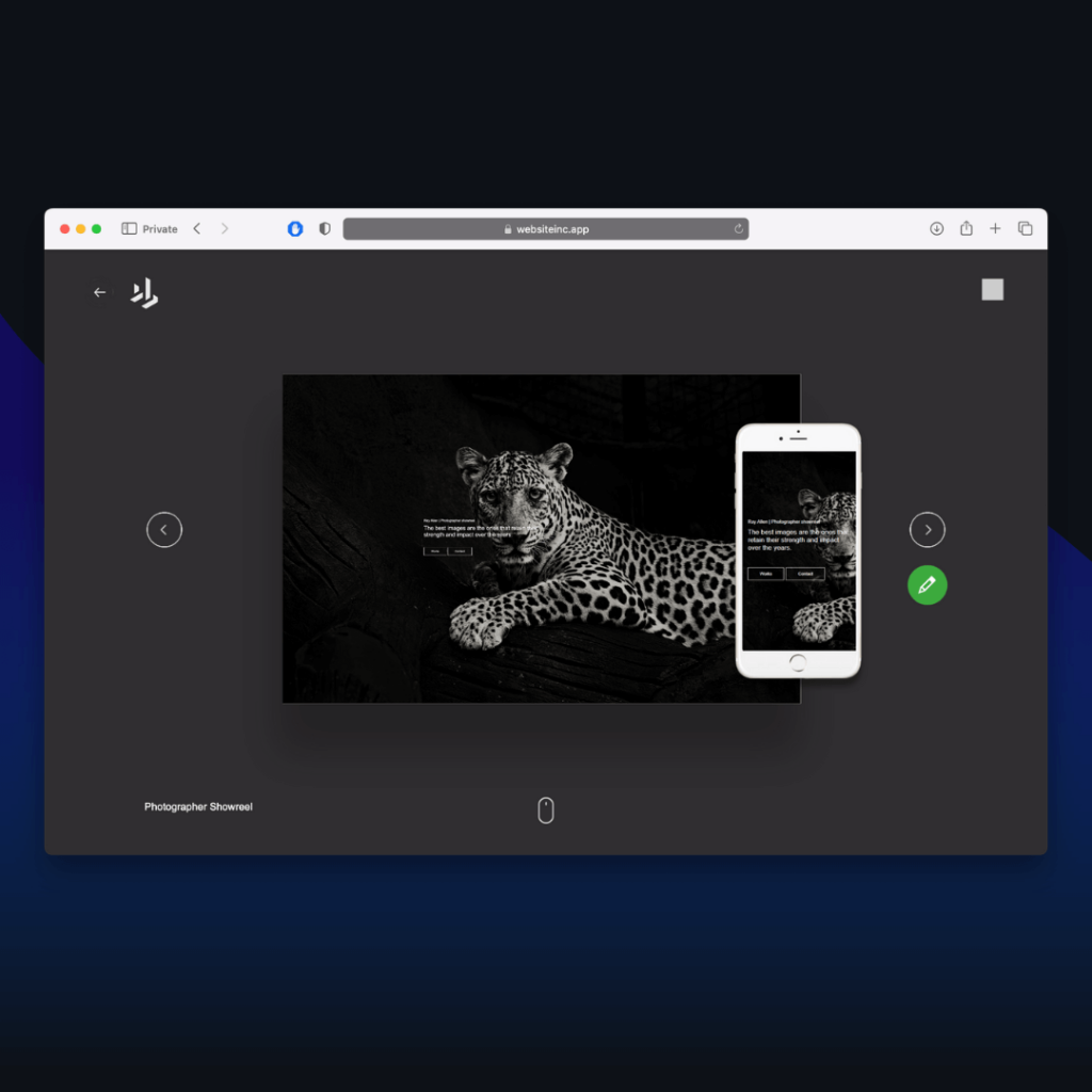 Photographer Showreel website Template in Website.Inc AI displaying a leopard in black and white color