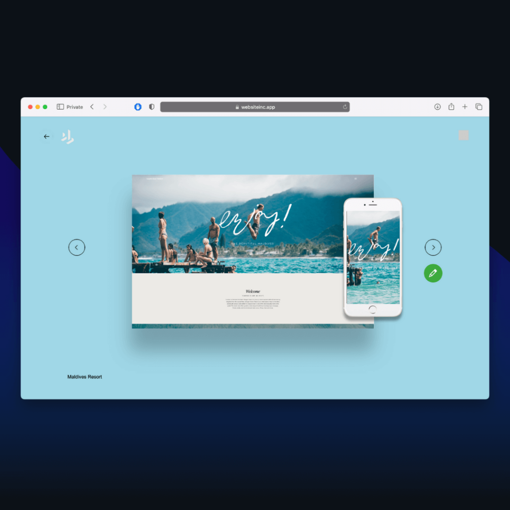 Maldives resort Website template in website.inc AI no code website builder