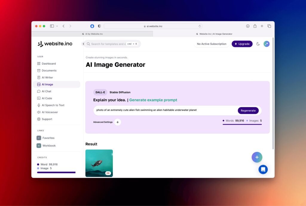 AI Image Generator user interface of Website.Inc AI - No Code Website Builder