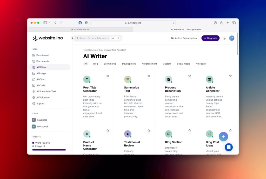 AI Writer UI of Website.Inc AI - no code website builder