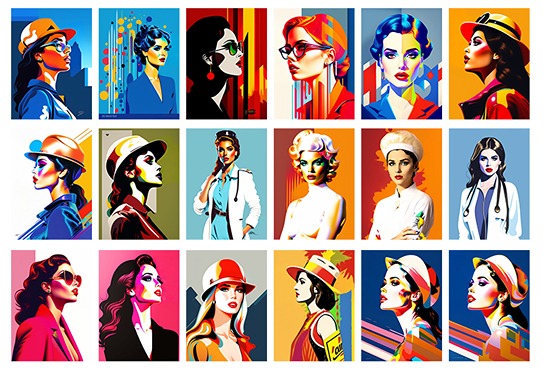 women empowerment stock photos - Collage of Female Doctor, Model, Images
