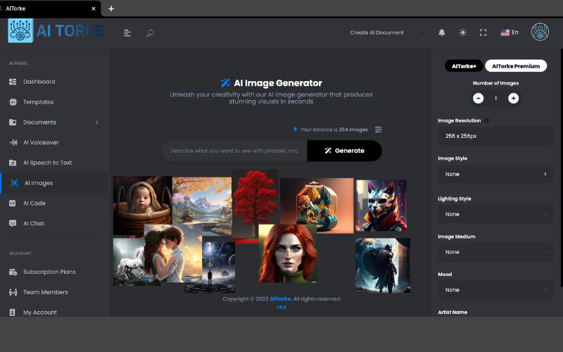 Dark mode AI image generator preview